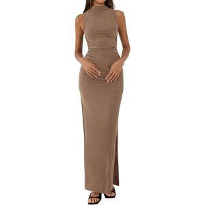 Women's Khaki Two Piece Sets Going Mock Neck Sleeveless Knit Tops Maxi Skirt